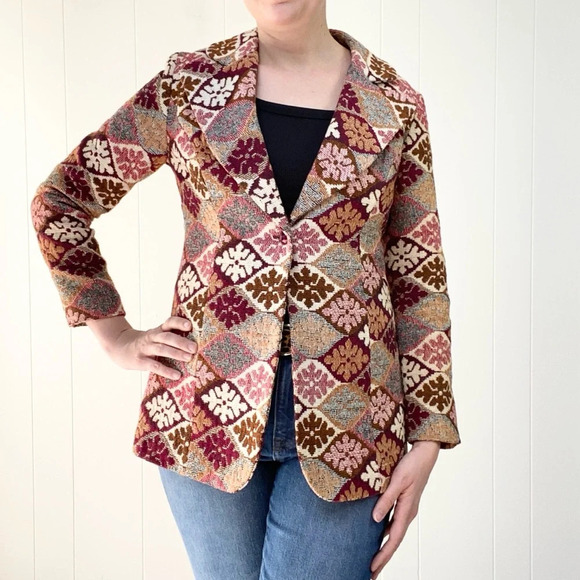 VTG 70s Alex Colman Tapestry Boho Style Long Blazer Jacket Multicolor Size XS-S - Picture 1 of 16